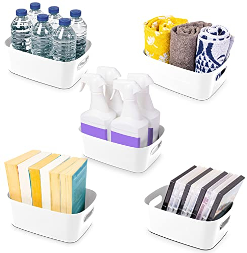 Under Sink Storage Boxes – Strong Storage Baskets with Handles – Home, Kitchen and Bathroom Organiser – Rectangular Multi Use Storage Boxes –– Stackable Pantry Basket – White, 5pcs – by Stackzy