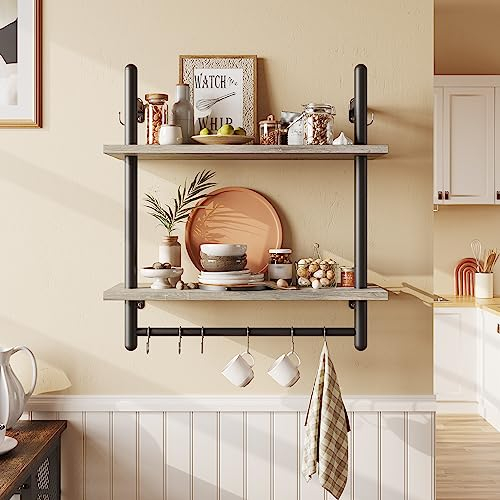 Bestier Floating Shelves Kitchen Shelves Wall Mounted 24 Wood Floating Shelf Bathroom 2 Tier Ladder Shelves with Tower Bar, Wall Decor for Bedroom, Living Room, Wine bar & Dorm,Grey Oak