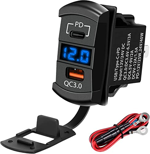 Linkstyle Cargador de coche, PD Tipo C y QC3.0 USB toma de corriente del coche con LED voltímetro digital para 12V vehículo