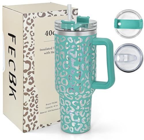 FECBK Thermobecher mit Strohhalm und Henkel 1,2L, 100% Auslaufsicherer Trinkbecher, Edelstahl Vakuumisoliert Kaffeebecher mit Griff, Hält 12 Std Heiß / 34 Std Kalt, Spülmaschinenfest, Grün Leopard
