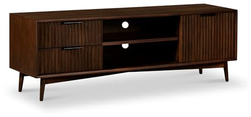 Oskar Large 150cm Grooved TV Unit for Living Room | Roseland Furniture Contemporary Retro Walnut Stained Solid Wooden Fluted Acacia TV Stand Cabinet for 67 inch Televisions