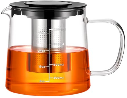PARACITY Glass Teapot Stovetop 38.8 OZ, Borosilicate Clear Tea Kettle, Teapot Blooming and Loose Leaf Tea Maker Tea Brewer for Camping, Travel