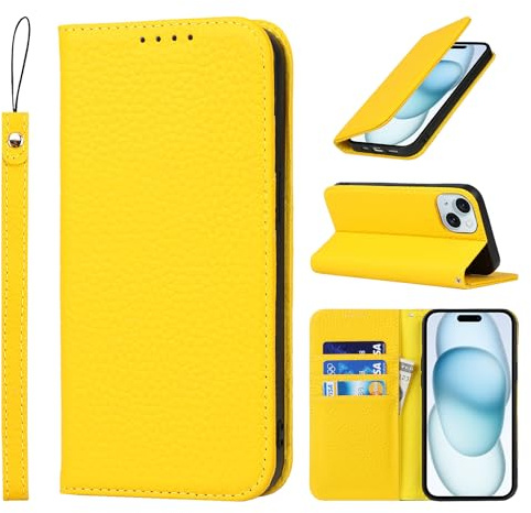 Cavor iPhone 15 Case,Flip Genuine Leather Wallet Case,[4 Card Holders][Magnetic Closure][With Lanyard],Protective Phone Cover Case for iPhone 15 - Yellow