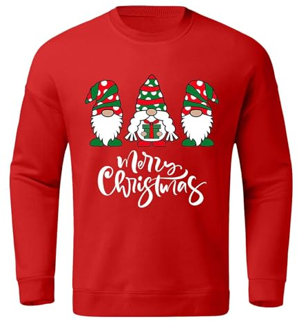 Herren Weihnachtspullover Wichtel Christmas Sweater Weihnachten Lustig Weihnachtspulli Pullover Männer Weihnachtspullover Familie Set Langarmshirt Sweatshirt Rentier Santa Schnee Prints Rot L