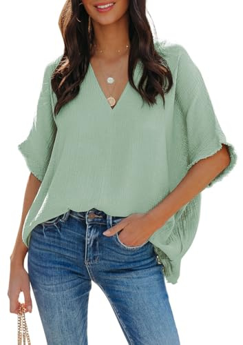 Dokotoo Damen Bluse V-Ausschnitt Musselin Tunika Shirt Oberteil Sommer Kurzarm Locker Longshirt Tops S-XXL