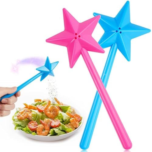 FEXPDL 2Pcs Fairy Wand Salt & Pepper Shakers Set - Cute Stars Stick Spice Dispenser with 3 Holes Magic for Kitchen BBQ Restaurant Dining (Pink, Blue)