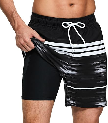outfit spring Badbyxor för män, 2-i-1 kompressionsshorts nätfoder, snabbtorkande andningsbara strandshorts med fickor och dragsko shorts med kort hav surf