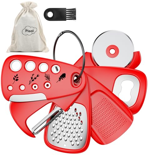 Pisol Kitchen Unique Gadgets Set 6-teilig, platzsparend, Käsereibe, Flaschenöffner, Obst-Gemüseschäler, Pizzaschneider, Knoblauch-Ingwermühle, Kräuterbeizer Geschenkset