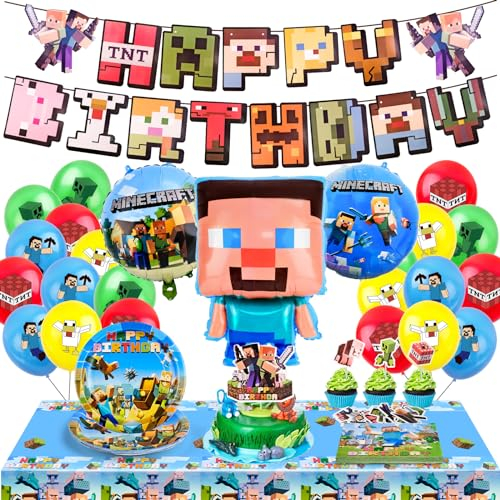 WuGU Kit de Décoration de Fête d'Anniversaire, 73 Pièces Kits de Fête D'anniversaire à Thème, Bannières d'Anniversaire, Assiettes, Mouchoirs, Nappes, Ballons, Decoration Gateau