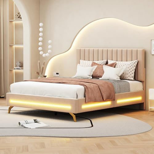 Moimhear Cama doble tapizada de 140 x 200 cm, con luces LED y somier, tela de terciopelo, cama doble con cabecero ajustable (beige)