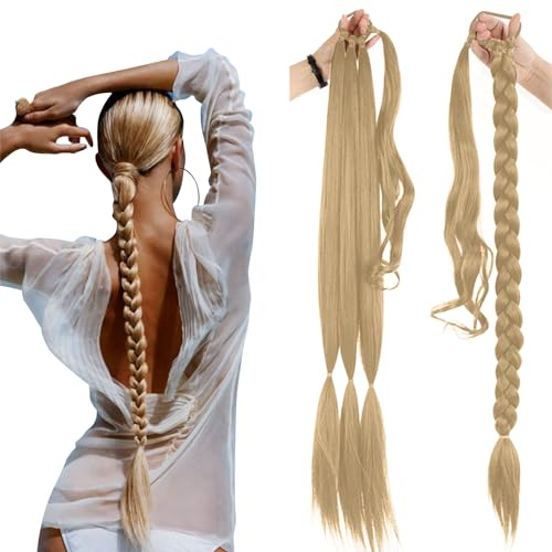 Wondsea Braid Extensions Pferdeschwanz Verlängerung mit Haargummi, 86cm/34in Langes geflochtenes Pferdeschwanz-Verlängerungsgummiband,Pferdeschwanz, DIY, natürliches,Haarteil für Frauen(Naturblond)
