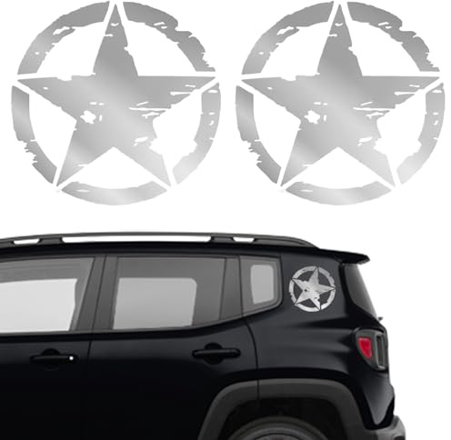 Longivia® 2 Stück Sterne Militär Aufkleber (Größen 25 cm, 20 cm, 15 cm, 10 cm) 4x4 Off Road Sticker USA Army Oldschool - für Motorrad Auto Motorhaube Renegade (15cm Silber) autoaufkleber