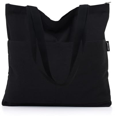 Black Tote Bag Canvas Tote Bag with Zipper for Women Aesthetic Travel Shoulder Handbags Bags Purses with compartments (Black(with Front Pocket))