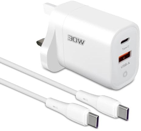VIPMOON USB C Fast Charger, 30W PD 2-Port Fast Charger Plug with 1M USB C to C Cable Compatible for iPhone 16/15/15 Pro Samsung Galaxy Series, iPad/AirPods/Mini Type C Series, USB-C UK Adapter