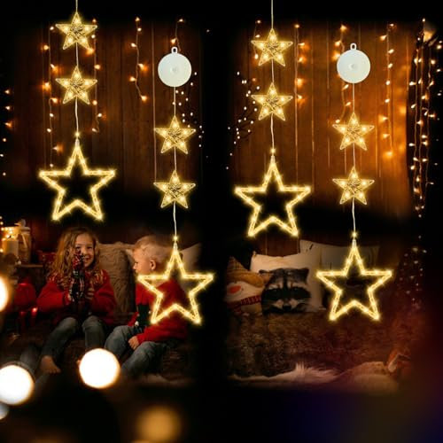 JORETLE 4er Set LED Weihnachtsbeleuchtung Fenster, 12 x LED Stern Weihnachtselemente,Weihnachtsdeko Bunte,Batteriebetrieben,Für Weihnachten Deko, Geburtstag