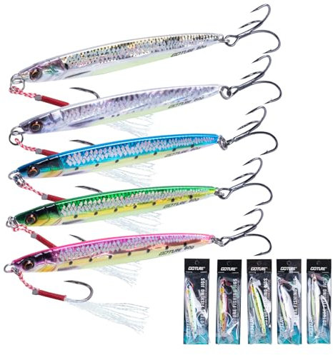 Goture Fishing Jigs, 60g Jig Fishing Lures with Assist Hook and Treble Hook, Vertical Jig Saltwater Freshwater, 5Pcs Fishing Jigging Spoon Lures, Speed Fast Fall Jig for Tuna,Salmon,Bass
