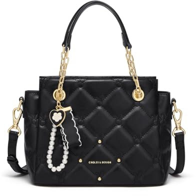 Cnoles Elegant Gesteppte Damenhandtasche, Kunstleder mit Goldkette, Perlenanhänger & Schulterriemen Designer-Handtaschen (schwarz)