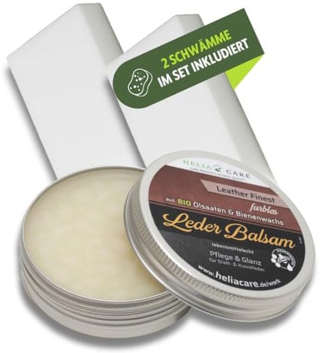 HeliaCARE Premium Lederbalsam mit Bienenwachs - Bio Lederpflege für Ledersofas & Lederschuhe - Kunstleder Pflege in Lebensmittelqualität - Schuhpflege & Möbelpflege aus Deutschland (50ml)