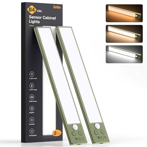 Gritin Lampe de Placard 84 LED, Lumière sans Fil Rechargeable 1800mAh Détecteur de Mouvement, 3 Températures de Couleur & 5 Niveaux de Luminosité, Éclairage LED de Cuisine (2 Pièces),Vert Foncé