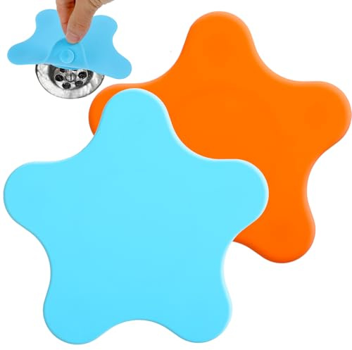 BOHUIZ 2 Pcs Tub Stopper, Bathtub Stopper Silicone Drain Plug Hair Stoppers Adorable Pentagram Illustration Flat Suction Cover for Kitchen Bathroom Accessories and Laundry(Gray, Blue)