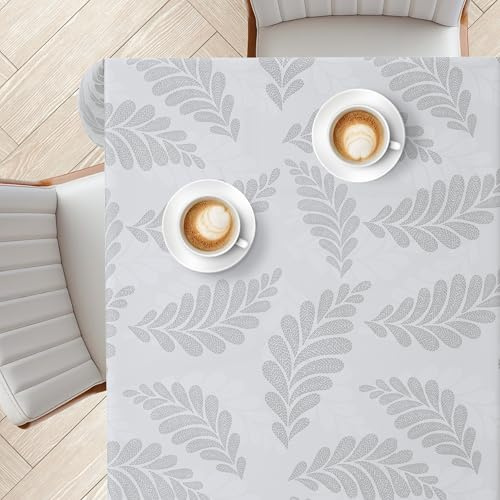 KP HOME PVC Table Cloth Wipe Clean – Square 55.1x55.1 (140x140cm), Soft Touch Wipeable Ivory Plastic Tablecloth with Linen Effect, Waterproof, Outdoor Oil Cloth Table Cover, Taupe Grey Pebble Fern