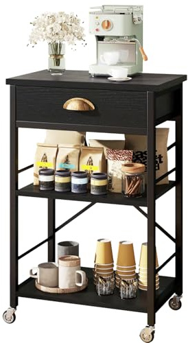 IBUYKE Kitchen Bakers Rack with Drawers,3-Tier Microwave Oven Stand with Storage, Coffee Bar Table with Wheels,Adjustable Shelf,Simple Assembly,Black TMJ030B