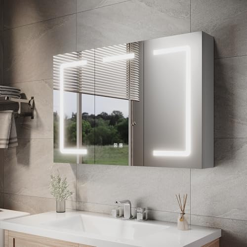 ELEGANT Bathroom Mirror Cabinet with LED Lights, Wall Mounted Cabinets Fully Assembled, 900x600mm Triple Door Mirror Cabinet with 3 Colors Dimmable, Anti-fog and Shaver Socket, Grey