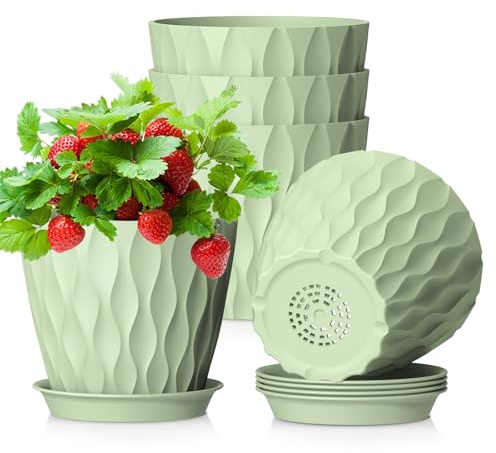 WSMKSZ 12.7cm Blumentöpfe Innen, 5er Set Kleine Kunststoff Pflanztöpfe | Pflanzentopf mit Untersetzer & Abflusslöchern, 3D-Wellentextur Anzuchttöpfe für Sukkulenten, Kräuter, Aloe, Grün