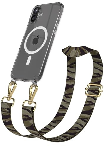EAZY CASE Handykette - Verstellbares Taschenband kompatibel mit iPhone 16 Plus, Schulterriemen, Handykordel mit Silikon Hülle, Qi Charging kompatibel, Umhängetasche, Grün Camouflage Gold