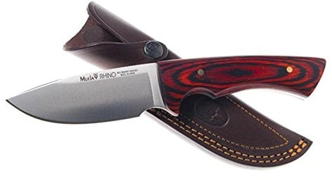 ELECTROPOLIS Cuchillo de Caza Muela Rhino RHINO-10R, cachas de Madera prensada Coral, Enterizo, Peso 220 Gramos, Hoja de 10 cm + Tarjeta Multiusos de Regalo