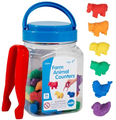 edxeducation Zähler für Bauernhoftiere - Minidose - Set mit 36 Tieren - Zählen, Farben, Sortieren und Reihenfolgen lernen - Mathe-Spielzeug für Kinder
