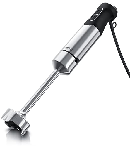 Arendo - Mixeur à main immersion à 4 lames en Inox de 1000 W, Vitesses réglables, Bouton Turbo, Pied amovible, Modèle MIKO Acier Brossé