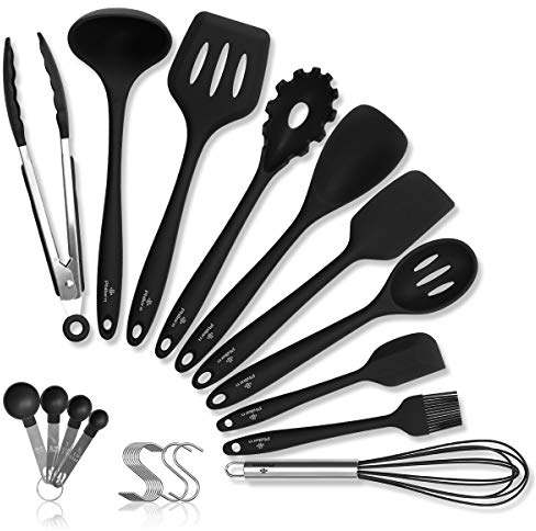 PHILORN Silikon Küchenutensilien Set [10 Stücke] Hitzebeständige Antihaft BPA-frei Geschlitzter Kochgeschirr, Küchenhelfer Set, Kochbesteck Set - Extra Freie 10 Haken, 4 Messlöffel