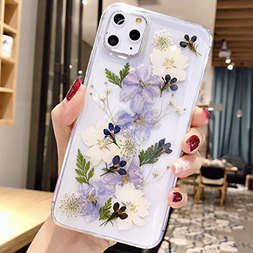 Tybiky iPhone 12 Case, Dried Flowers Crystal Gel Slim Transparent Protective Case, Purple, Shock-Absorbent, Lightweight