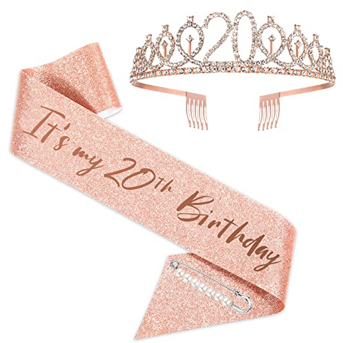 SZHUIHER 20. Geburtstag Schärpe und Tiara für Mädchen, Rose Gold Es ist mein 20. Geburtstag Schärpe und Krone, 20. Geburtstagsgeschenke für Happy 20. Geburtstag Party Favor Supplies