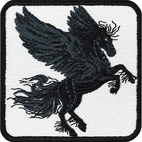 Schwarzer Pegasus Aufnäher/Emblem gestickt Einhorn Aufbügler Pferde Aufkleber zum annähen | Geburtstag Deko Unicorn Patch Applikation Kinder Mädchen Geschenk für Jeans Flicken | 75x75mm