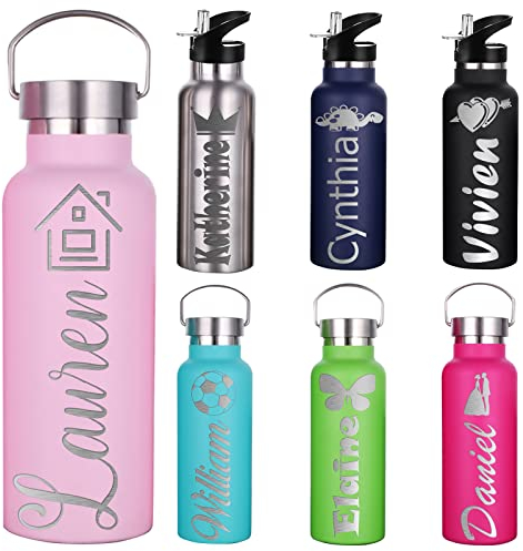 Bouteille d'eau Personnalisée avec Couvercle à Paille pour l'école, Bouteille d'eau de Sport Isotherme en acier Inoxydable avec nom pour Filles, Garçons, Femmes, Hommes (350 ml/750 ml,7 Couleurs)