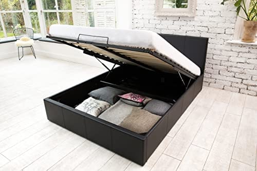 SANA SLEEP 4FT6 Double Size Modern Pia Ottoman Gas Lift Storage Faux Leather Bed - Black