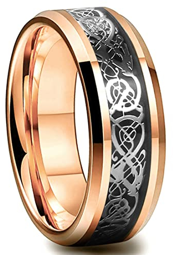 LEEQ Herren Roségold mit keltischem Drachen - 8mm schwarzer Wolframring für Hochzeit, Verlobung und Vereinigung - Bequeme Größe