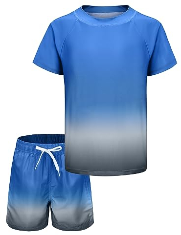 Boys Rash Vest Kids Two Piece Swimming Costume with Board Shorts Short Sleeve Boys Swimsuit Set Age 13-14 Years Blue Grey