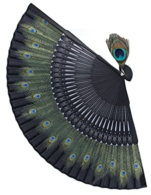 Bamboo Folding Fan Peacock Pattern Vintage Oriental Style Chinese Gift Decoration for Home Wedding Party Oriental Decor Item with Handcrafted Bones 180cm Asian Style Fan