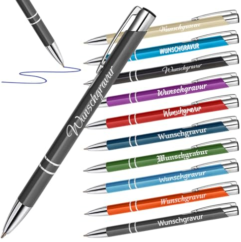 polar-effekt 100 Stück Kugelschreiber aus Metall in Grau mit Gravur - Stifte für einfaches Schreiben - Kuli mit ergonomischen Griff - blauschreibende Mine
