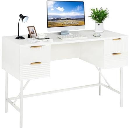 COSTWAY Computer Desk with 4 Drawers, 120cm Home Office Study Table Writing Workstation, Modern PC Laptop Table Working Desk (White)