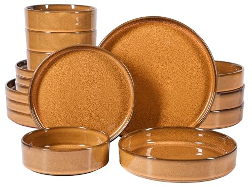 Bloomhouse - Oprah's Favorite Things - Santorini Mist Service de table à double bol en terre cuite émaillée réactive - Ambre, service pour quatre (16 pièces)