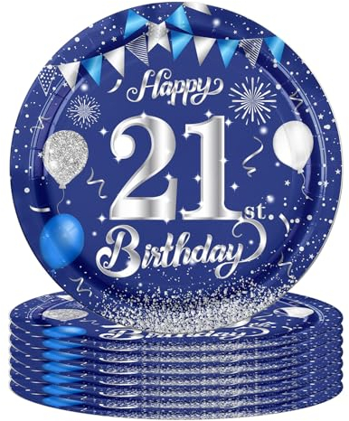 16Pcs Navy Blue 21st Birthday Paper Plates 7inch for Party Decorations - Tableware for Men Him Dinner