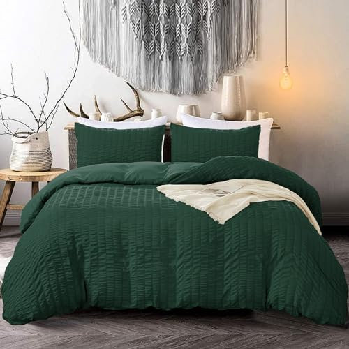 3 Pieces Emerald Green Duvet Cover Set for Adults Classic Seersucker Soft Breathable Microfiber Bedding Set King 220 x 230cm