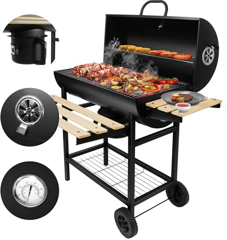 MARK ADLER Roast 8.0 Barbecue au charbon de bois | Grille à deux niveaux | Avec couvercle | Affichage de la température | Ventilation | Roues de transport | Portables