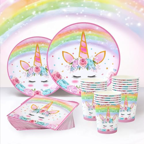 96 Piezas Unicornio Vajilla Fiesta Cumpleaños, Platos y Vaso Cumpleaños Infantil, Set de Party Decoración Platos Desechable Servilletas para niñas Fiestas de Cumpleaños, Baby Shower - 24 Invitados