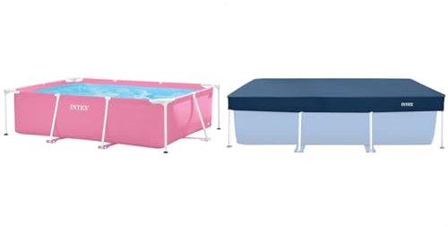 Intex 55256 - Piscina Desmontable Small Frame Familiar Rosa 220x150x60cm & 55252 - Cobertor Solar para Piscina Desmontable Rectangular 260x160cm, con cordón de Agarre