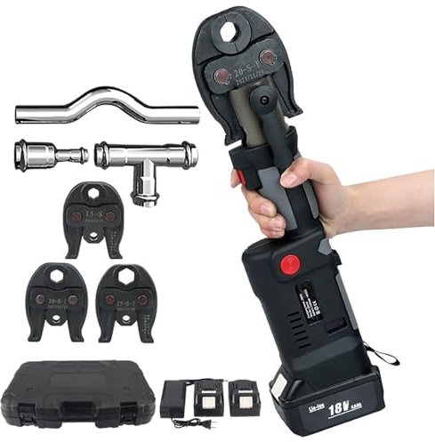 Battery Hydraulic Pipe Crimping Tool, Portable Stainless Steel Pipe Crimping Tool with 3 Jaws/ 2 Batteries, Cordless Plumbing Pipe Press Tool Kit, Pipe Pressing Time: 3-4 Seconds,Series2